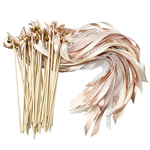 Cieovo Stäbe mit Hochzeitsbändern und Glöckchen, Seidenfeenstab, Gastgeschenke für Partys, Babypartys, Urlaub, Feiern, 50 Stück Champagnerfarbene Spitze Cieovo Stäbe mit Hochzeitsbändern und Glöckchen, Seidenfeenstab, Gastgeschenke für Partys, Babypartys, Urlaub, Feiern, 50 Stück Champagnerfarbene Spitze von CIEOVO