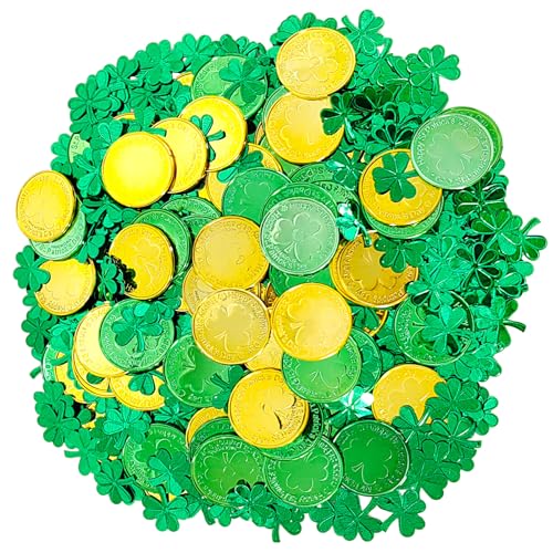 St. Patrick's Day Tischdekorationen, 100 Stück, St. Patrick's Day, Glücksmünzen aus Kunststoff und 45 ml Kleeblatt-Konfetti, Tischstreusel für irische St. Patrick's Party, Dekoration, Gastgeschenke von CIEOVO