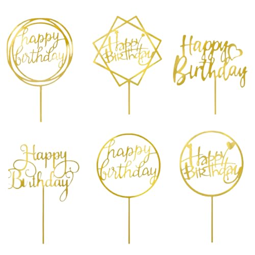6 Stück goldene Kuchendekoration, Acryl, Happy Birthday-Kuchendekoration, Cupcake-Topper, Partyzubehör für Geburtstagskuchendekorationen von CIGTSICO