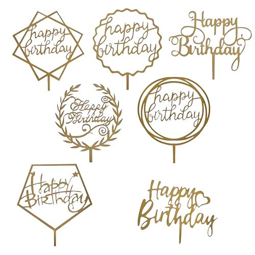 7 Stück goldene Kuchendekoration, Acryl, Happy Birthday-Kuchendekoration, Partyzubehör für Geburtstagskuchendekorationen von CIGTSICO