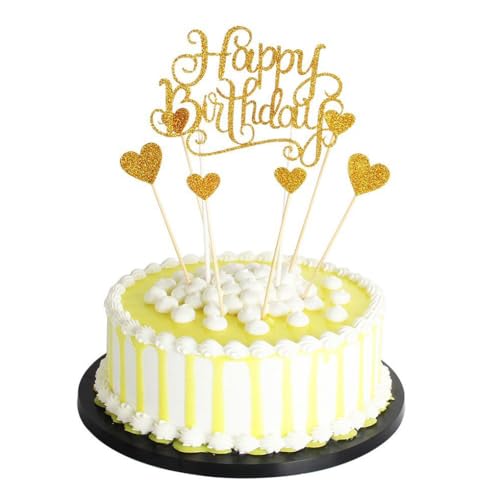 Kuchenaufsatz-Set, "Happy Birthday", goldfarbene Glitzer-Buchstaben, Herzform, Party-Dekoration, 7-teilig von CIGTSICO