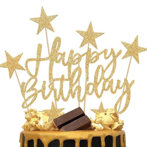 Tortenaufsatz-Set, "Happy Birthday", goldfarbene Glitzer-Buchstaben, Stern-Kuchenaufsätze, Party-Kuchenaufsätze, Dekoration, 11-teilig von CIGTSICO