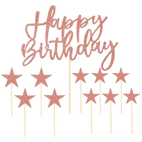 Tortenaufsatz-Set, "Happy Birthday", rotgoldene Buchstaben, Happy Birthday, Stern-Kuchenaufsätze, Party-Kuchenaufsätze, Dekoration, 11-teilig von CIGTSICO