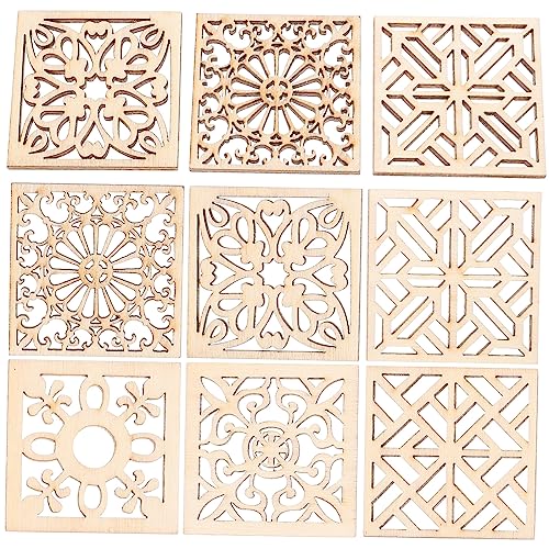 20 Stück Quadratische Holzsplitter Hohl Floral Bastelornament Holzstücke Zum Basteln Blumenausschnitte Holzornamente Dekoration Mit Hanfseil von CIMAXIC