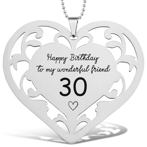 Happy 30th Birthday Ornament Edelstahl Herz mit Laser Gravur Botschaft Meilenstein Geburtstagsgeschenk für Freund Herzförmige hängende Dekoration mit Perlenkette CHC716 von CINRLLA
