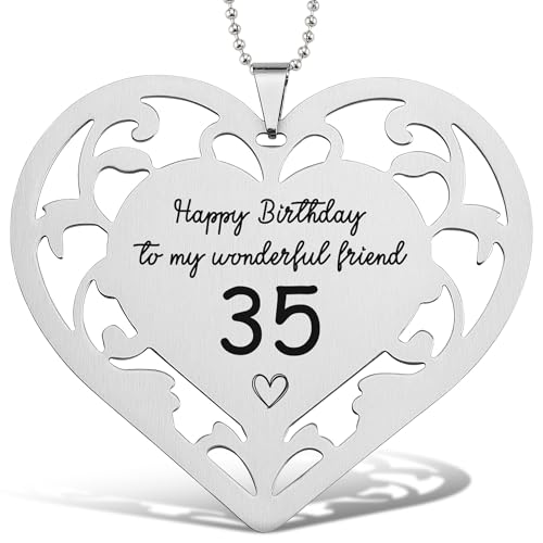 Happy 35th Birthday Ornament Edelstahl Herz mit Laser Gravur Botschaft Meilenstein Geburtstagsgeschenk für Freund Herzförmige hängende Dekoration mit Perlenkette CHC717 von CINRLLA