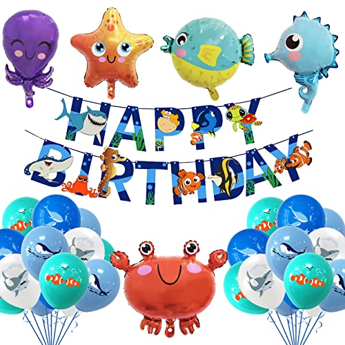 CIOUYAOS Unterwasserwelt Kindergeburtstag Deko, Blau Luftballon Geburtstag Party Geburtstagsdeko 37pcs Ballons Banner Set, Blaue meerestiere Folienballons für Baby 1 Jahr Junge Kinder von CIOUYAOS