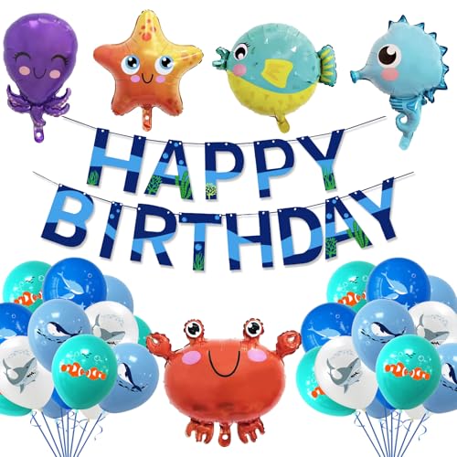 CIOUYAOS Unterwasserwelt Kindergeburtstag Deko, Blau Luftballon Geburtstag Party Geburtstagsdeko 37pcs Ballons Banner Set, Blaue meerestiere Folienballons für Baby 1 Jahr Junge Kinder von CIOUYAOS