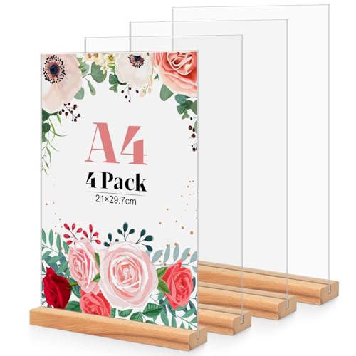 4 Stück Tischaufsteller A4, Holz T Form Acryl Ständer Preisschilder Aufsteller Tischständer für Prospekte Menükarte Werbung Fotorahmen, Kunststoff Foto Bilderrahmen mit Holzfuß für Haus, Büro, Laden von CIOXSOIO