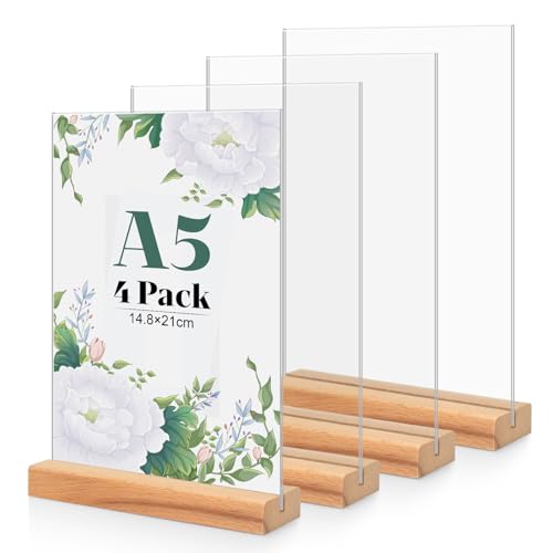 4 Stück Tischaufsteller A5, Holz T Form Acryl Ständer Preisschilder Aufsteller Tischständer für Prospekte Menükarte Werbung Fotorahmen, Kunststoff Foto Bilderrahmen mit Holzfuß für Haus, Büro, Laden von CIOXSOIO