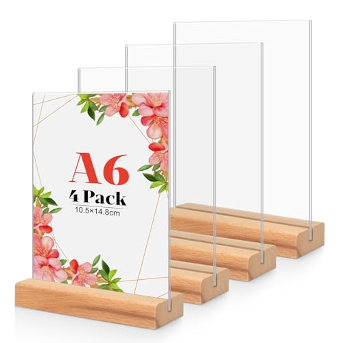 4 Stück Tischaufsteller A6, Holz T Form Acryl Ständer Preisschilder Aufsteller Tischständer für Prospekte Menükarte Werbung Fotorahmen, Kunststoff Foto Bilderrahmen mit Holzfuß für Haus, Büro, Laden von CIOXSOIO