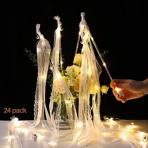 Wedding Wands mit LED Warmweiße Glowstick,24 Stück Leuchtstäbe Set für Hochzeitsdeko Zauberstäbe Hochzeitsbändern Seidenfeenstab Luftschlangen mit Glocke fur Hochzeiten Geburtstage Valentinsgeschenk von CISSIYOG