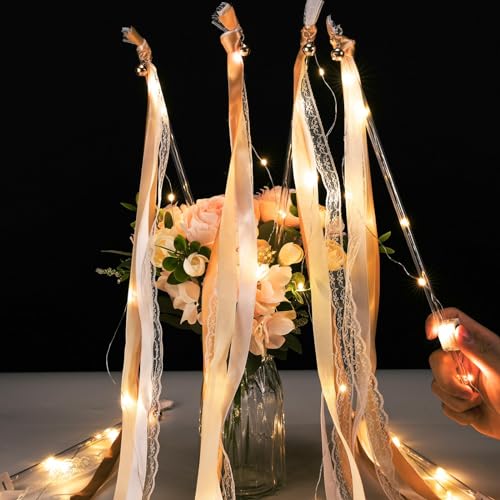 Wedding Wands mit LED Warmweiße Glowstick,24 Stück Leuchtstäbe Set für Hochzeitsdeko Zauberstäbe Hochzeitsbändern Seidenfeenstab Luftschlangen mit Glocke fur Hochzeiten Geburtstage Weihnachten (Sekt) von CISSIYOG