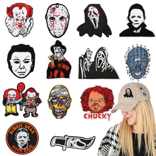 13 Stück bestickte Aufnäher für Halloween, Horror, Gruselfilme, Cartoon-Figuren, zum Aufbügeln, Halloween, Wärmeübertragung, kleine Aufnäher für Kleidung, T-Shirt, Hut, Rucksack von CIYAOO