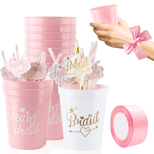 CIYIN JGA Becher, 12 Stück Braut und Team Braut Tassen mit Strohhalme und Schleifenband, Bachelorette Party Cups 473ml, Frauen Jungesellinenabschied Bride to be Deko Becher von CIYIN