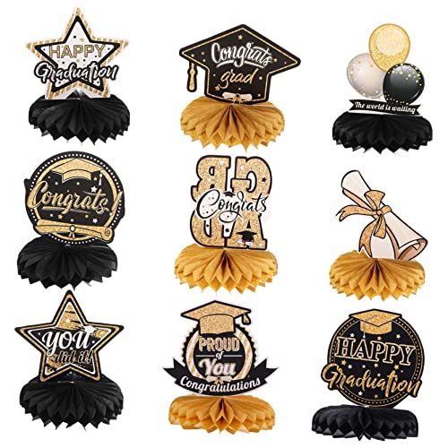 CIYODO 9 Stück Teiliges Graduation Party Dekorationsset aus Papier Honigwaben Bälle Leichte Kompakte Abschlussfeier Tischdeko in Schwarz Gold Robuste Oberfläche Abitur Party Deko von CIYODO