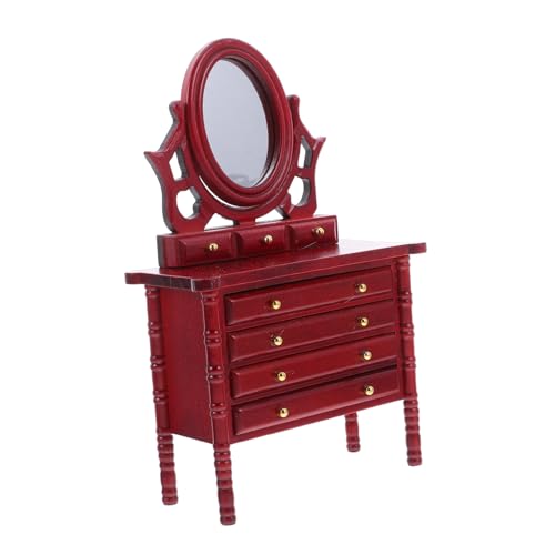 CIYODO Vintage Holz Kommode Realistisches Spiegel-Design Puppenhaus Schlafzimmermöbel Zubehör Rote Holzoptik für Mädchen von CIYODO