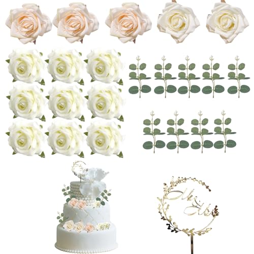 24 Stück Cake Topper Hochzeit, Tortendeko Hochzeit, Tortendeko Blumen, Weiße Rosen, Weiße Rosen, Champagner Rosen, Eukalyptus Blätter, MR&MRS Schild, Weiß, Champagner von CJAPGJW