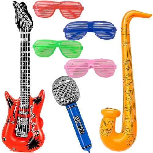 7 Stück Fotobox Accessoires Hochzeit, Aufblasbare Gitarre und Mikrofon, Fotobox Requisiten für Partys, 1 Gitarre 95 cm, 1 Saxophon 70 cm, 1 Mikrofon 35 cm, 4 Sonnenbril (Zufällige Farbe) von CJAPGJW