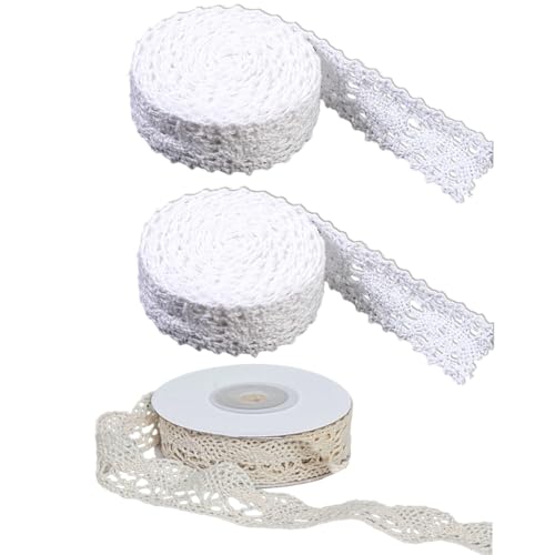 8 Meter Lace Trim, 1PCs Beige (4.3 m), 2PCs Weiß (2 m),Spitzenband, Juteband, Dekoband Selbstklebend, Dekoband, Spitzenborte, Ideal für Handwerk, Hochzeit, Dekoration, Scrapbooking, Geschenkbox von CJAPGJW