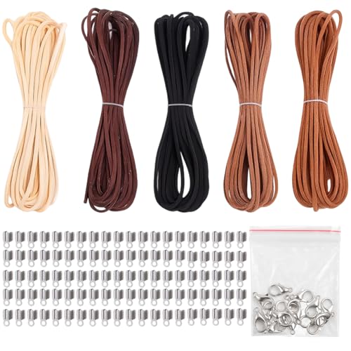 Lederband Für Ketten, 5 Farben Lederbänder Für DIY Schmuck, Lederband 2.6mm, 5m Länge, Mit 100 Lichtplättchen Und 20 Karabinerhaken, Ideal Für Traumfänger Und Armbänder von CJAPGJW