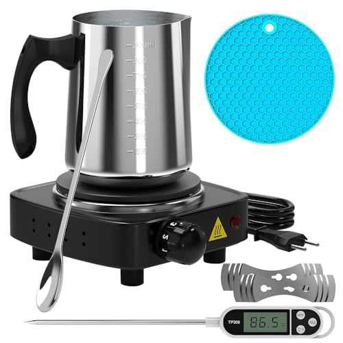 CJBIN Kerzen Selber Machen Set, Candle Making Kit, Kerzenherstellung Kit mit 900ml Wachsschmelztopf, Rührlöffel, Dochthalter, FußMatte, Thermometer,Heizplatte,DIY Kerzen Set für Erwachsene Anfänger von CJBIN
