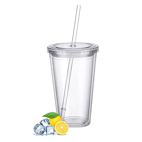 CJHZQYY Plastikbecher Mehrweg, Doppelwandig Transparenter Trinkbecher mit Strohhalm，Wiederverwendbare Becher Geeignet für Fruchtsaftkaffee (500ML) von CJHZQYY