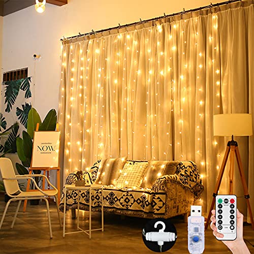 LED Lichtervorhang für Außen- und Innenbereich, 3x3m 300 LEDs LED Lichterkette Vorhang mit Fernbedienung, für Außen- und Innenbereich, Hochzeit, Garten, Schlafzimmer, Dekoration (warmweiß) von CJHZQYY