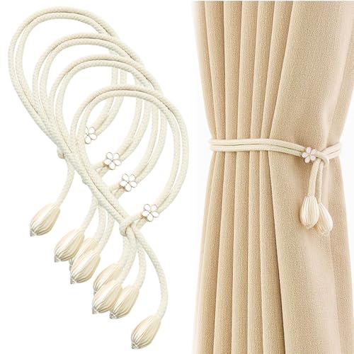 4 Stück Vorhang Raffhalter, Gardinenhalter Raffhalter für Vorhänge, Handgestrickte Baumwolle Gardinen Raffhalter, Curtain Rope Buckle, Vorhanghalter, Raffhalter für Gardinen, Vorhang Halter, Beige von CJMUQHEHH