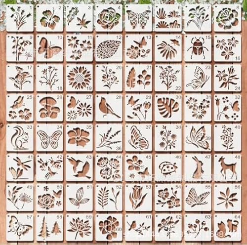 64 Stück Blumen Schablone, DIY Malschablonen Set für Wandgestaltung – Vogel, Schmetterling, Libelle, Blume – Wiederverwendbare Vorlagen für Wandgestaltung, Scrapbooking und Deko (7,6 x 7,6 cm) von CJMUQHEHH