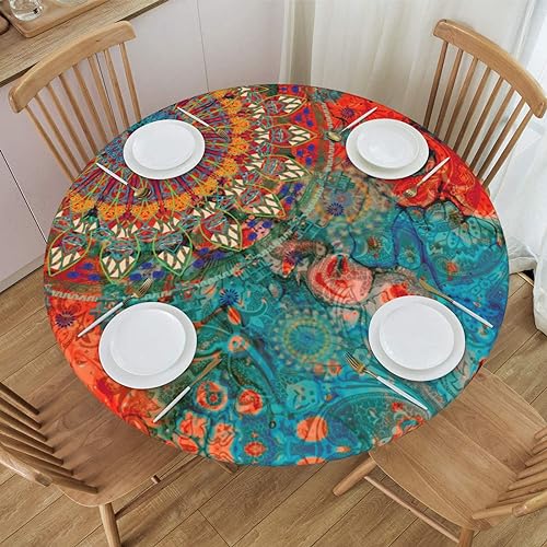 CJXPJZPLD Tischdecke mit Mandala-Motiv, rund, elastisch, passend für Tische mit einem Durchmesser von 101,6 - 111,8 cm, Blau und Rot von CJXPJZPLD