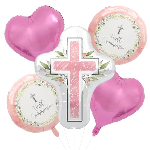 5 Stück Kommunion-Ballons, Heilige Kommunion-Folienballon, religiöser Ballon, Erste Heilige Dekorationen, Kreuz-Folienballons für Babyparty, Geburtstag, Hochzeit, Taufe, Party-Dekor (Rosa) von CKCSHI