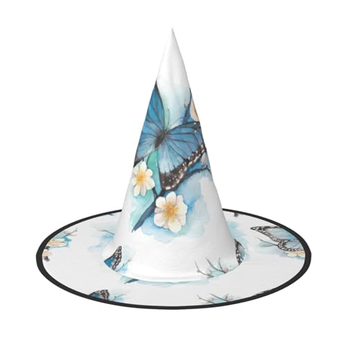 CKGODGF Blauer Schmetterling auf Blüten, Blumendruck, Zauberer-Kostüm-Zubehör, Halloween-Vollhut, geeignet für Party-Rollenspiele, 1 Stück von CKGODGF