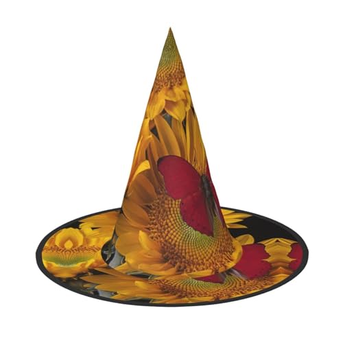 CKGODGF Gelbe Sonnenblumen mit rotem Schmetterlings-Druck, Zauberer-Kostüm-Zubehör, Halloween-Vollhut, geeignet für Party-Rollenspiele, 1 Stück von CKGODGF