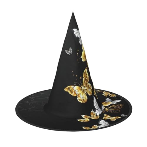 CKGODGF Zauberer mit goldfarbenen weißen Schmetterlingen, schwarzer Druck, Zauberer-Kostüm-Zubehör, Halloween-Vollhut, geeignet für Party-Rollenspiele, 1 Stück von CKGODGF