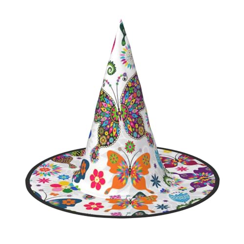 Weißes Blumenmuster, bunte Schmetterlinge, Zauberer-Kostüm-Zubehör, Halloween-Vollhut, geeignet für Party-Rollenspiele, 1 Stück von CKGODGF