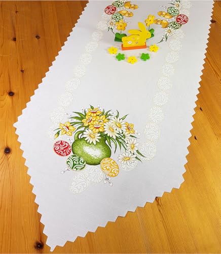 Leinenoptik-Tischdecke mit Ostermotiv - Eier Küken Blumenstrauß (40 x 135cm) von CKM