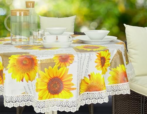Wetterfeste Tischdecke mit Spitzenbordüre (140cm rund, Sonnenblume) von CKM