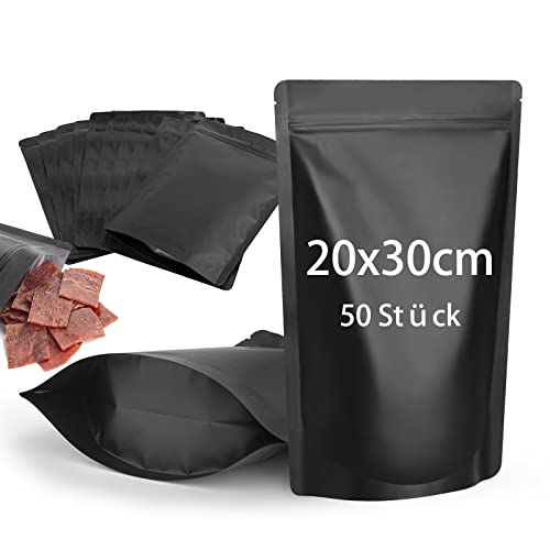 CANLENPK 50 Stück Wiederverschließbare Mylar Beutel,Standboden Beutel,Reißverschluss Folien Tasche,Lebensmittel Aufbewahrung, Matte Aluminiumfolie Hitzeversiegelbare Myla Bag(Schwarze,20 x 30 cm) von CL CANLENPK