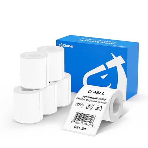 CLABEL 6 Rolle 50x80mm Thermo Weiß Etikettenband für Etikettendrucker Selbstklebend Klebeetiketten zum Beschriften Aufkleber für Schule Unternehmen Geschäft Zuhause, 90 Stück/Rolle(1,97"x3,15") von CLABEL