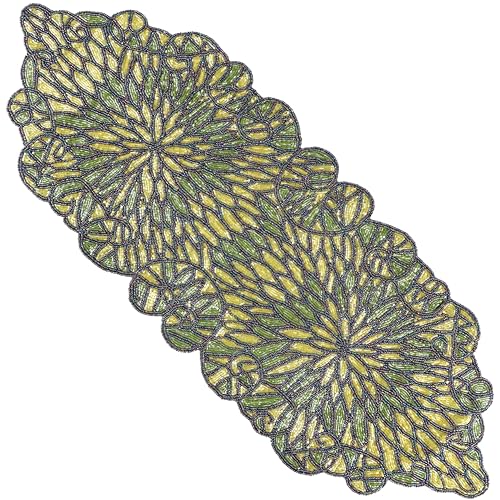 CLEENTABLE Eleganter Perlen-Tischläufer, üppiges grünes Tellerblau, 91,4 x 33 cm, aufwendiges mehrgrünes Laubdesign mit hochwertigen Glasperlen und Polyester-Rückseite von CLEENTABLE