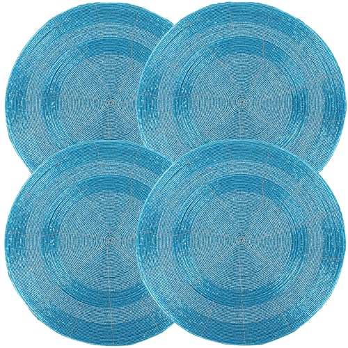 Dekorative Tischsets mit Perlen, handgefertigt, rund, mit glänzenden Glasperlen und Rückseite aus Polyester, elegante Essdekoration für besondere Anlässe und den täglichen Gebrauch, Blaugrün, 4 Stück von CLEENTABLE