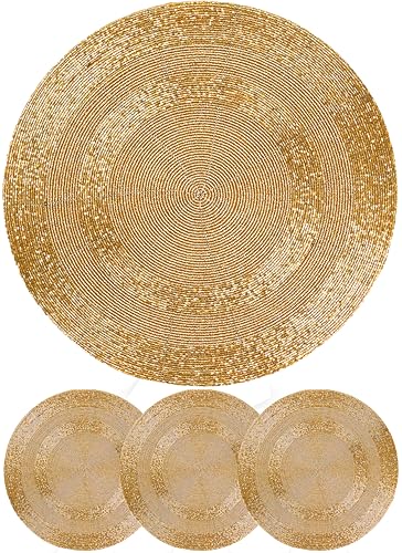 Handgefertigte Platzsets mit Perlen – elegante Glasperlen und Polyester, runde Tischsets für Esszimmer, Küche, Hochzeit, Urlaub und Party-Dekoration (Gold), 4 Stück CLEENTABLE von CLEENTABLE
