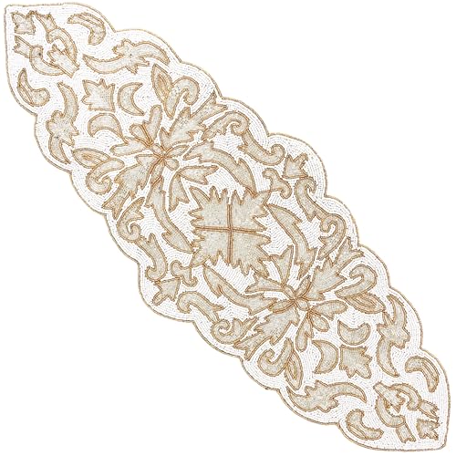 Perlen-Tischläufer, eleganter Esstisch mit Glasperlen und Polyester-Rückseite, handgefertigter dekorativer Läufer für Hochzeiten, Partys und Urlaubsdekoration, 33 x 91 cm, Weiß und Gold CLEENTABLE von CLEENTABLE