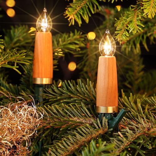 CLGarden Premium NARVA Kerzen Lichterkette Holzlichterkette 20 Schaftkerzen Holz Kirsche Weihnachtsbaum Beleuchtung Glas warm weiß elektrisch 230V innen von CLGarden