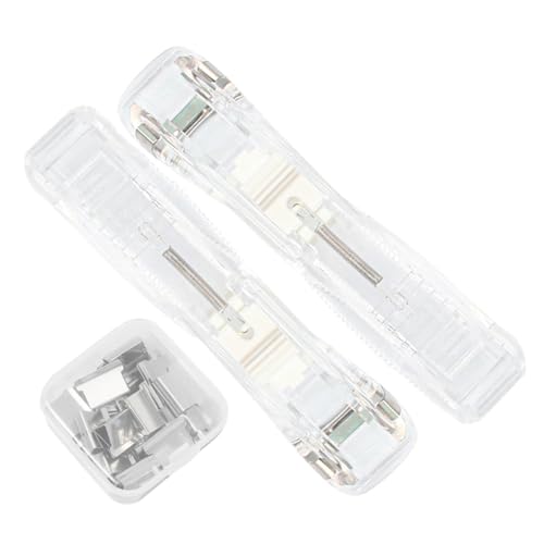 CLISPEED 1 Satz Tragbarer Klammerhefter Set Klammerloser Heftgerät mit Clipspender Transparent Weiß Nachfüllclips für Bürobedarf Schule und Zuhause von CLISPEED