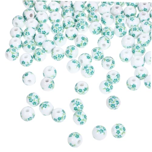 CLISPEED 100 Stück Porzellan Blumenperlen Grün Runde Keramik Perlen für DIY Schmuckherstellung Armbänder und Halsketten Langlebig und Farbbeständig zum Auffädeln und Basteln von CLISPEED