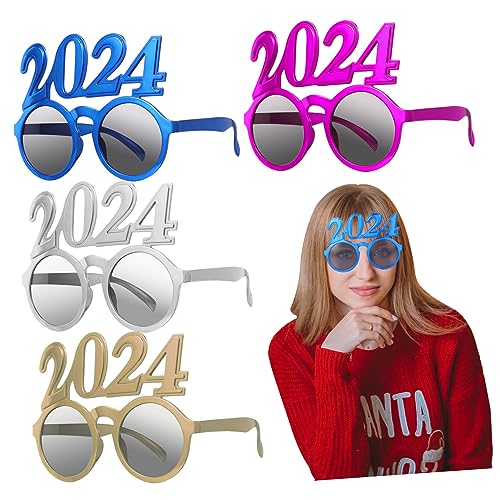 CLISPEED 4 Stück Neue Jahr Party Brille Lustige Plastik Sonnenbrillen für Feiern Festivals und Besondere Anlässe Eye Catcher Gold Silber Blau von CLISPEED