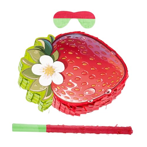 CLISPEED Erdbeer Pinata Partydeko mit Stock und Augenbinde Karton und Krepppapier Vielseitig für Geburtstag Babyparty und Food-themenfeiern Einfache Befüllung und Aufhängung von CLISPEED