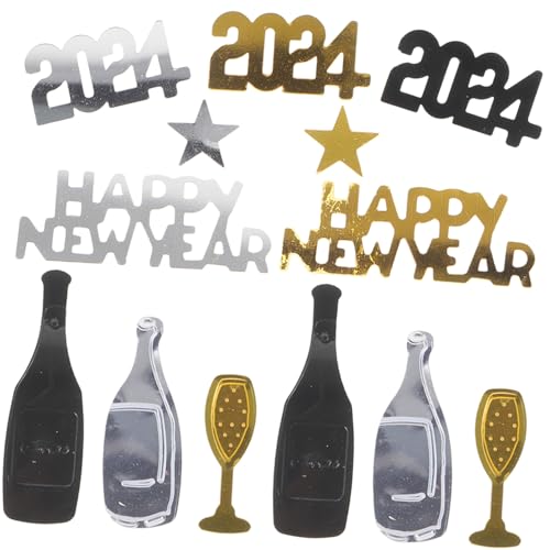 CLISPEED Neujahrs Konfetti Tischdeko Schwarz Gold Silber Glänzende Party Streudeko mit Sternen Sektgläsern Flaschenmotiven für Festliche Silvester Feier von CLISPEED